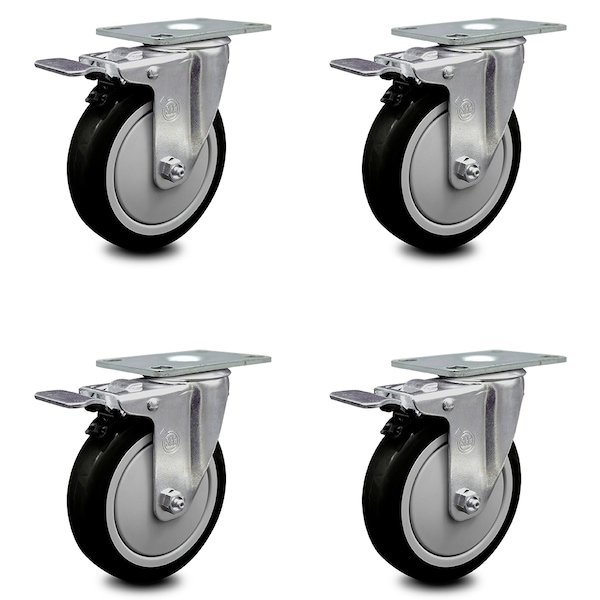 5 Inch Black Polyurethane Swivel Top Plate Caster Set with Total Lock Brake SCC